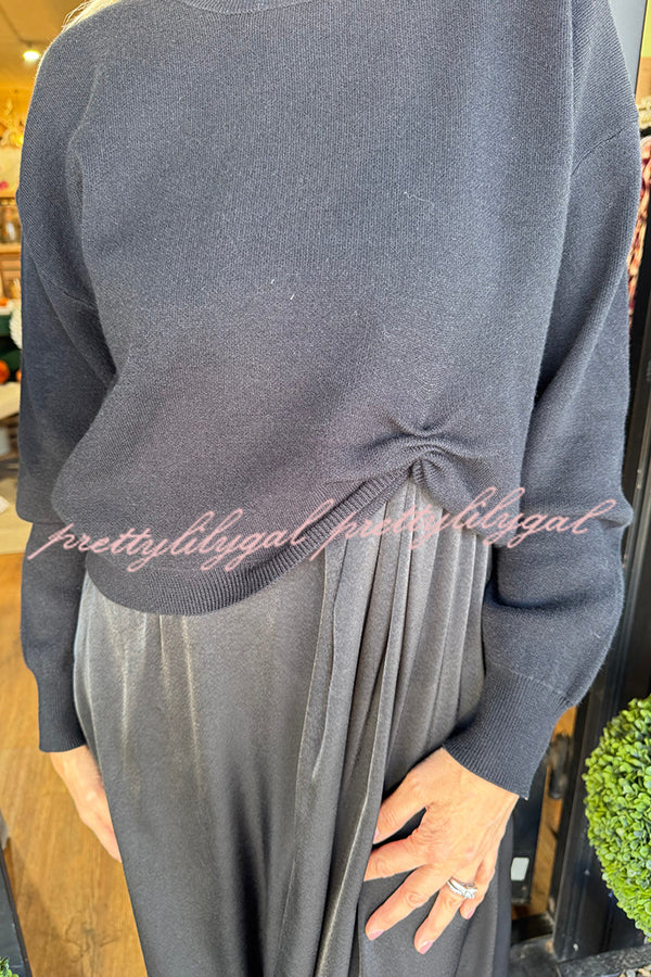 Practical Fashion Knit Ruched Sweater and Satin Stretch Tank Midi Dress Two-piece Set