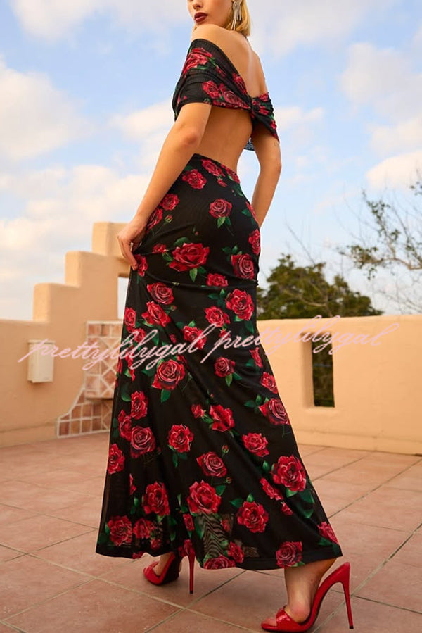 Rose Print Sexy Strapless Backless Slim Maxi Dress