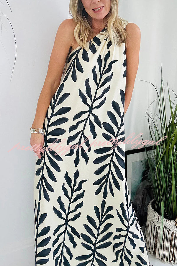 Floral Unique Printed One Shoulder Pocketed Loose Maxi Dress