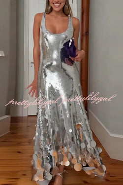 Party Tips Sequin Irregular Round Tassels Hem Back Cutout Tank Maxi Dress