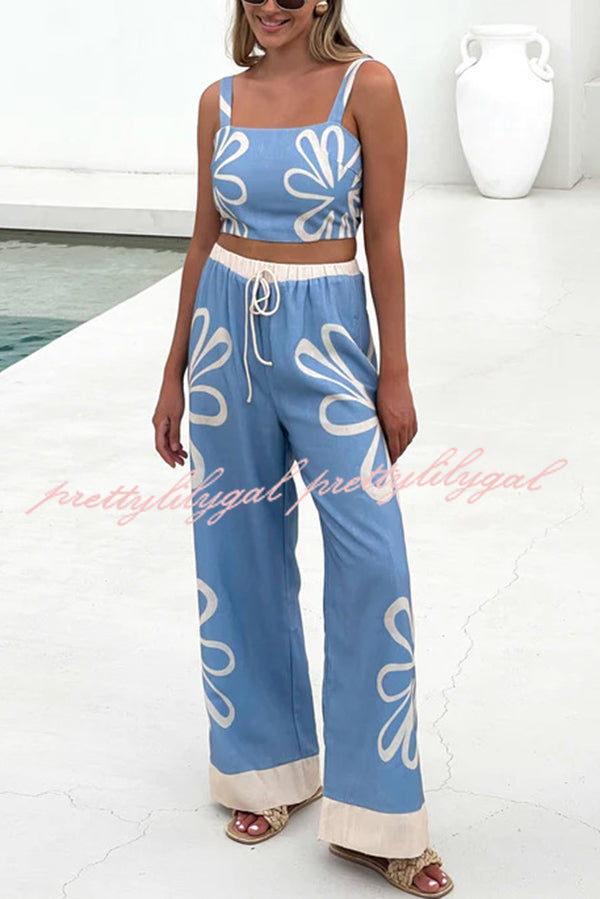 Floral Print Suspender Back Pleated Top and Elastic Waist Drawstring Pants Set