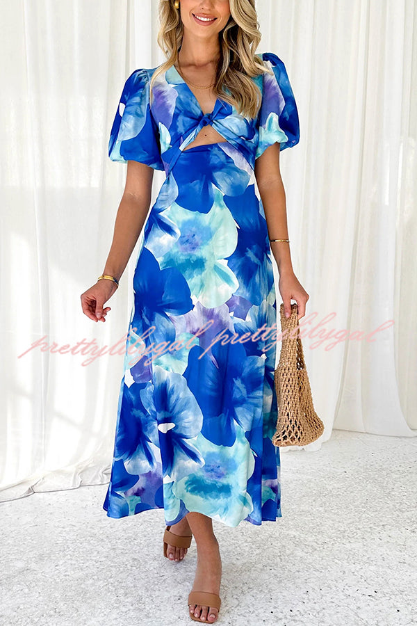 Sophia Floral Print Satin Puff Sleeve Twist Bust Cutout Midi Dress