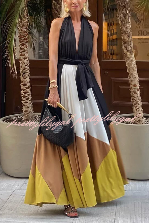 Fashion Colorblock Sexy Backless Tie Waist Full Hem Maxi Dress