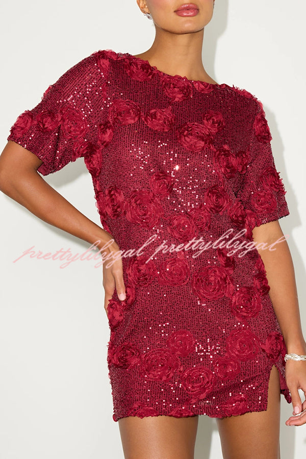 Feeling Exquisite Sequin-embellished Rose Texture Short Sleeve H-line Mini Dress