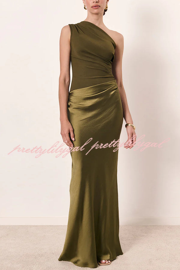 Kaia Satin Contrast Fabric Patchwork One Shoulder Ruched Maxi Dress