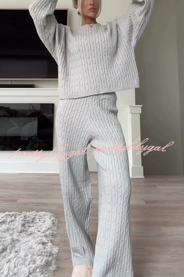 Autumn Travel Knit Cable Long Sleeve Sweater and Elastic High Waist Wide Leg Pants Set