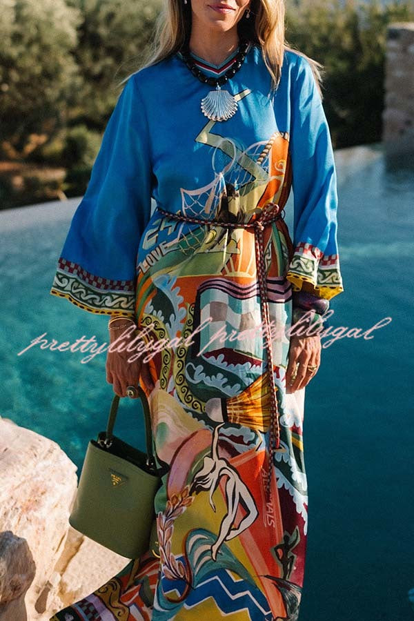Seaside Views Satin Unique Print  Rib-knit V Neck Bell Sleeve Slit Kaftan Midi Dress