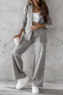 Working Casual Days Long Sleeve Lapel Blazer and Elastic Waist Pocket Straight Pants Set