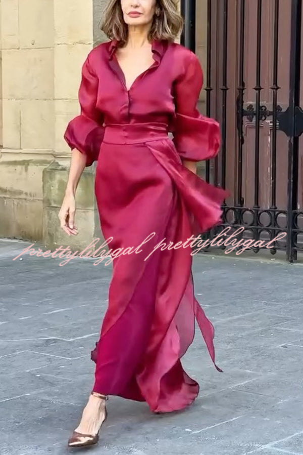 Lily Chiffon Bow Detail Puff Sleeve Blouse and Elegant Layered Maxi Skirt Set