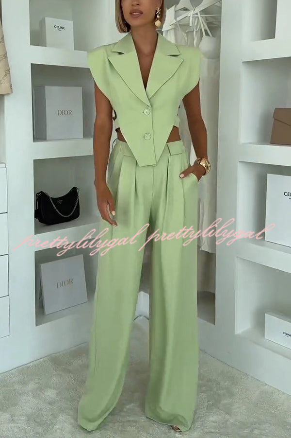 Fashion Style Lapel Waist-baring Irregular Vest and  Elastic Waist Pocket Loose Pants Set
