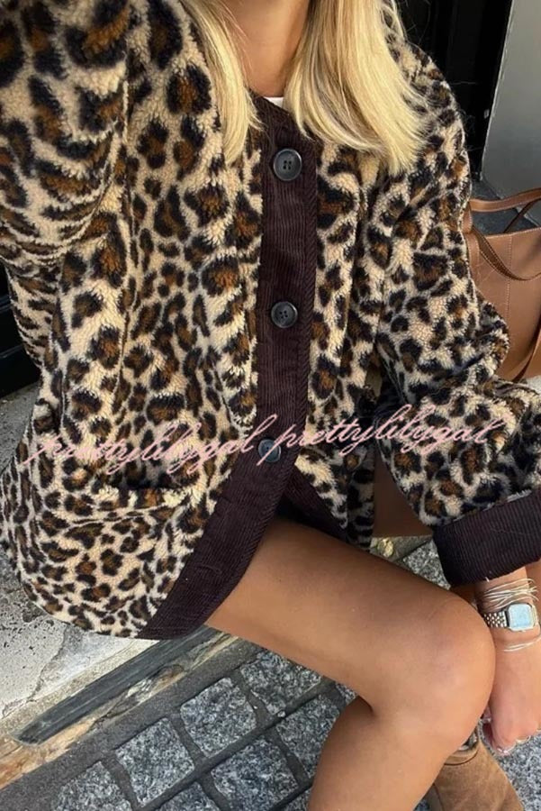 Warm Feel Colorblock Leopard Print Plush Button Up Pocketed Teddy Jacket