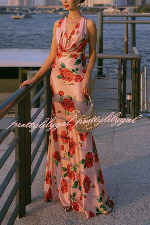 Rose Print Sexy Halter Neck Strappy Backless Slim Fit Maxi Dress