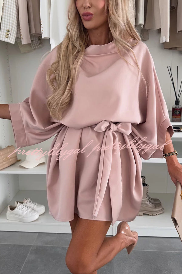 Solid Color Loose Round Neck Belted Mini Dress