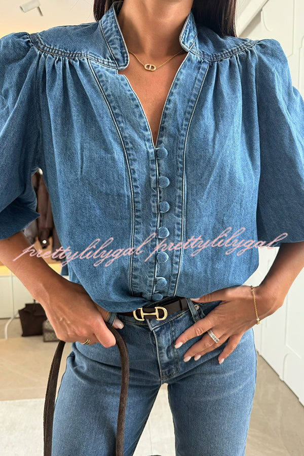 Fashion V-neck Button-down Lantern Sleeve Casual Denim Shirt