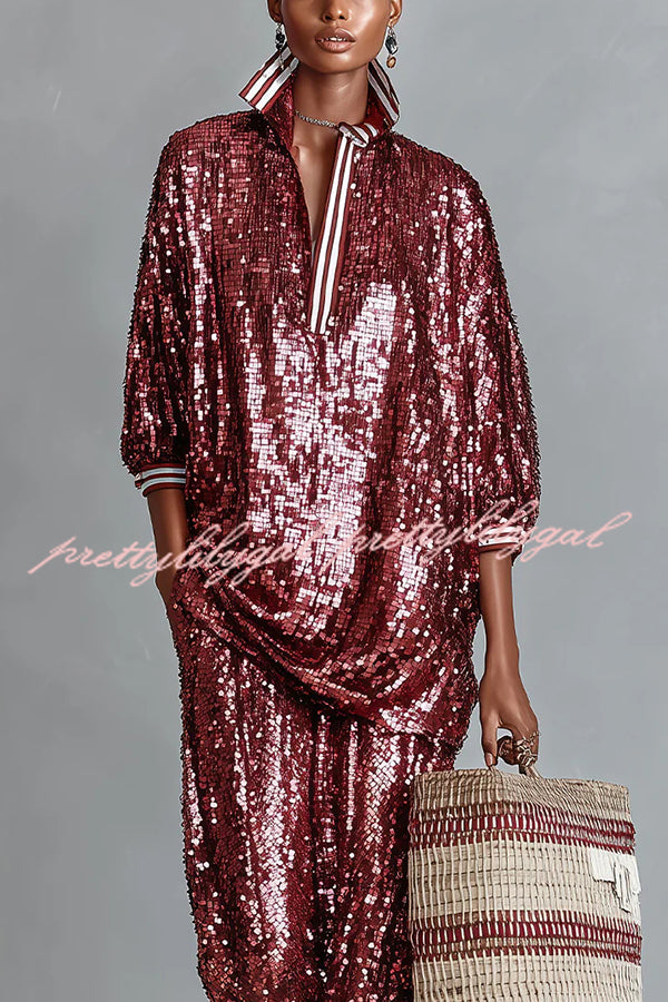 Holiday Honey Sequin Striped Trim Half Sleeve Loose Shirt and Elastic Waist Pocket Wide Leg Pants Set