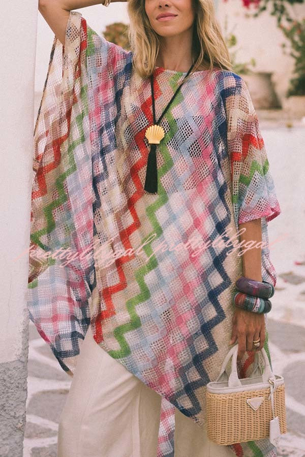 Sun Washed Knit Colorful Zigzag Pattern Asymmetric Hem Loose Cover-ups Kaftan