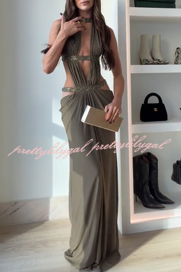 Khaki Hot-fix Rhinestone Shoulder Strap Cutout Design Backless Drape Maxi Dress