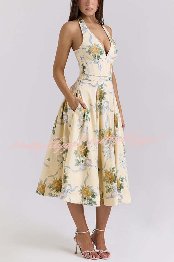 Resort Star Floral Print Waist Halterneck Tie Pocket Midi Dress