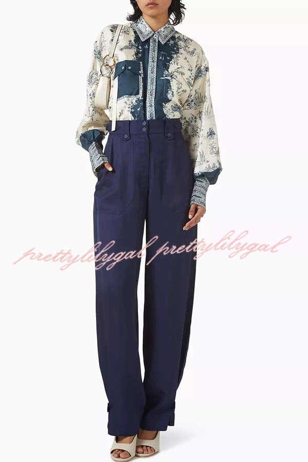 Bohemian Elegant Satin Contrast Color Unique Print Button Up Pocket Loose Blouse