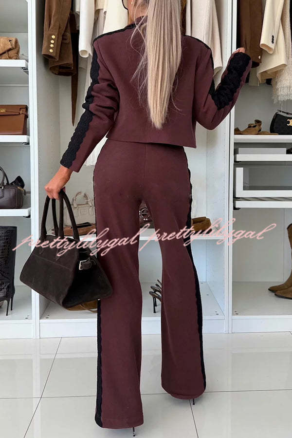 Fashion Lace Panel Long-sleeved Crop Top and Elastic Waist Tie Pocket Casual Pants Set