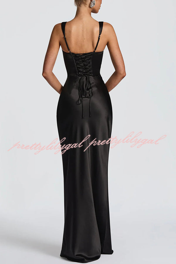 Calanthe Satin Square Neck Ruched Back Lace-up Drape Mesh Scarf Maxi Dress