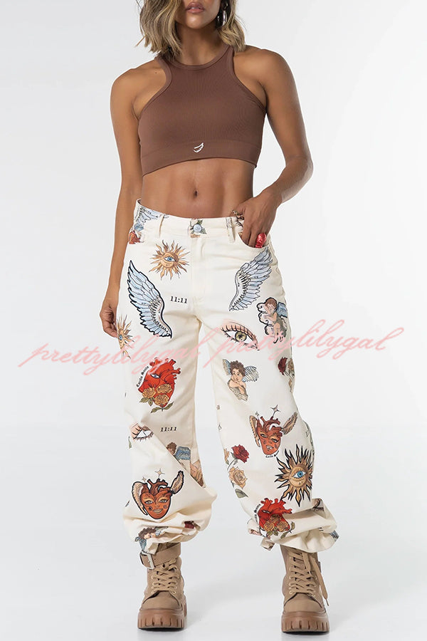 Angel Wings Denim Unique Print Mid Rise Pocket Loose Pants