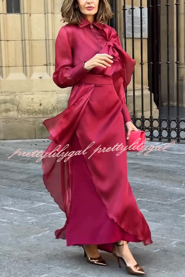Lily Chiffon Bow Detail Puff Sleeve Blouse and Elegant Layered Maxi Skirt Set