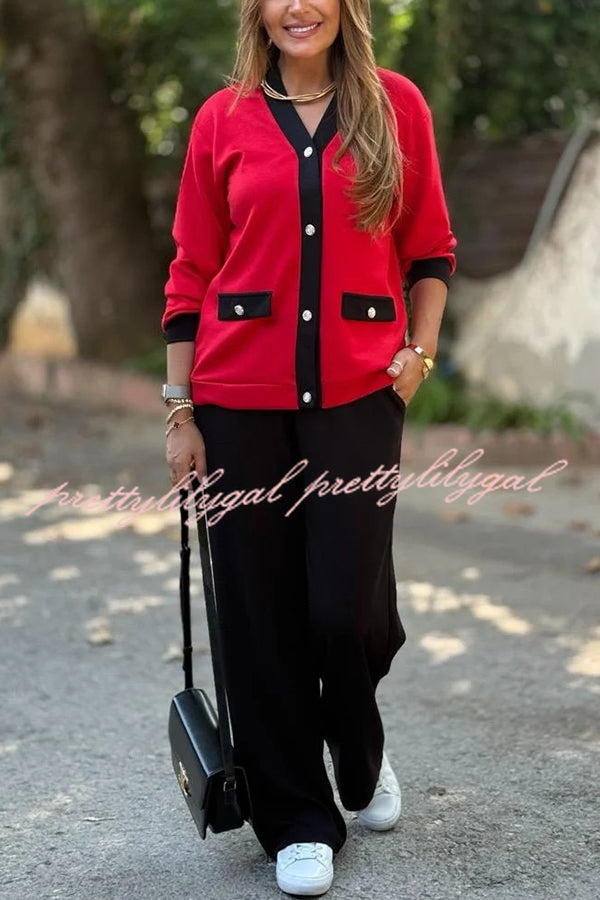 Stylish Color-blocked V-neck Knitted Button-down Cardigan and Elastic Waist Casual Wide-leg Pants Set