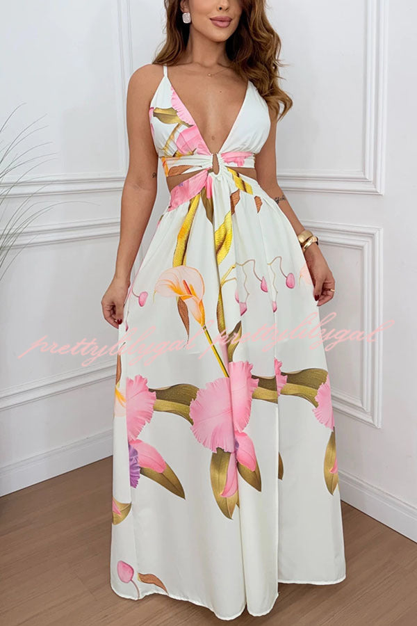 Seinah Floral Print Cutout Waist Open Back Lace-up Slit Maxi Dress Seinah Floral Print Cutout Waist Open Back Lace-up Slit Maxi Dress
