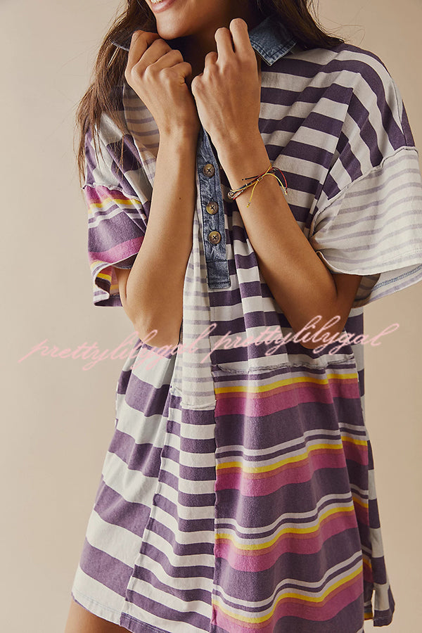 Contrast Striped Patchwork Denim Lapel Loose Casual Mini Dress