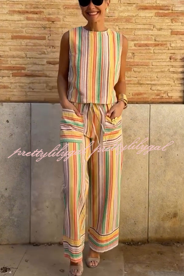 Tylah Linen Blend Colorful Striped Back Button Vest and Elastic Waist Pocket Loose Pants Set