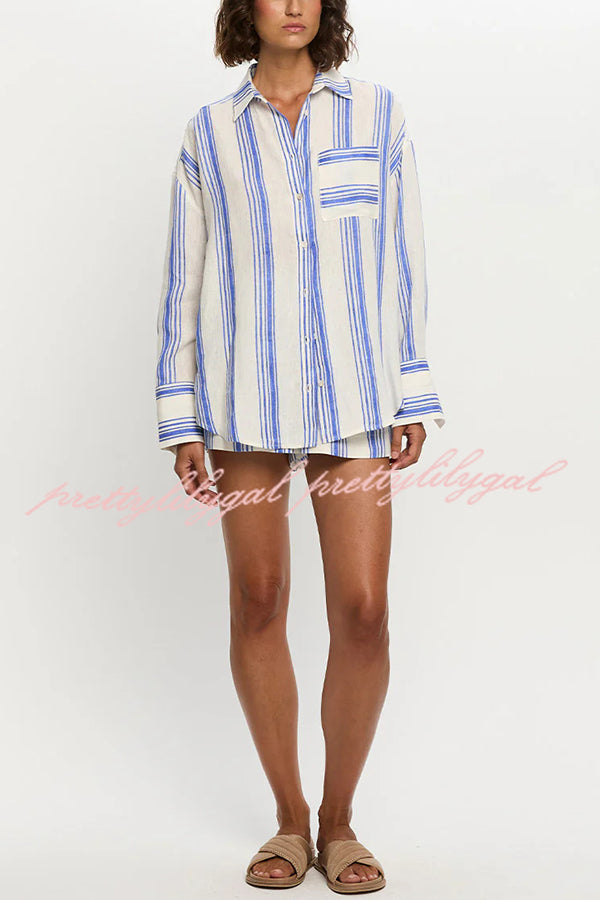 Stripe Print Lapel Long-sleeved Casual Shirt and Elastic Waist Loose Shorts Set
