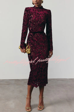 Diane Velvet Embroidered Floral Lace Long Sleeve Belt Scallop Edge Midi Dress