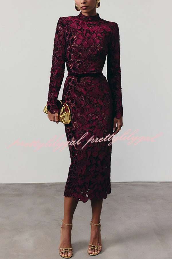 Diane Velvet Embroidered Floral Lace Long Sleeve Belt Scallop Edge Midi Dress