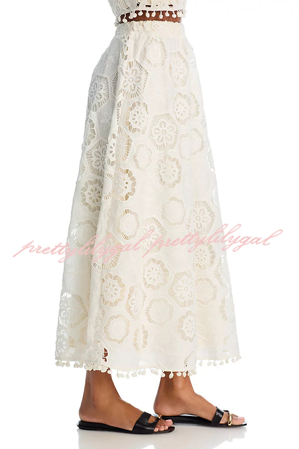 Nice Try Embroidered Crochet Lace Tassle Trim Elastic Waist Midi Skirt