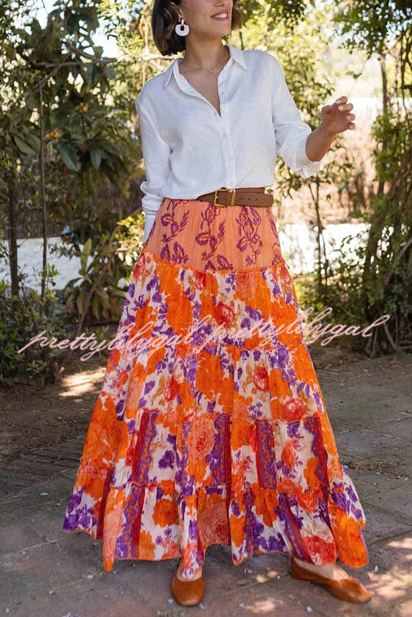 Resort Style Floral Print Elastic Waist Loose Stitching Maxi Skirt
