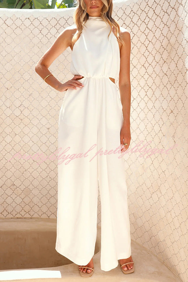 Solid Color Resort Style Halter Neck Waist Pocket Wide Leg Jumpsuit