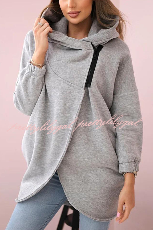 Solid Color Loose Hooded Zip-up Casual Sports Jacket