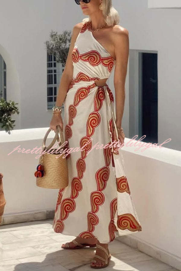 Enjoy A Sunny Linen Blend Shell Print One Shoulder Cutout Waist Tie-up Slit Maxi Dress