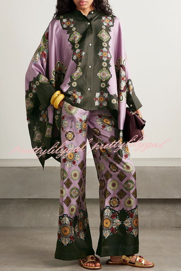 Satin Unique Print Loose Batwing Sleeve Top and Elastic Waist Pocket Casual Wide-leg Pants Set