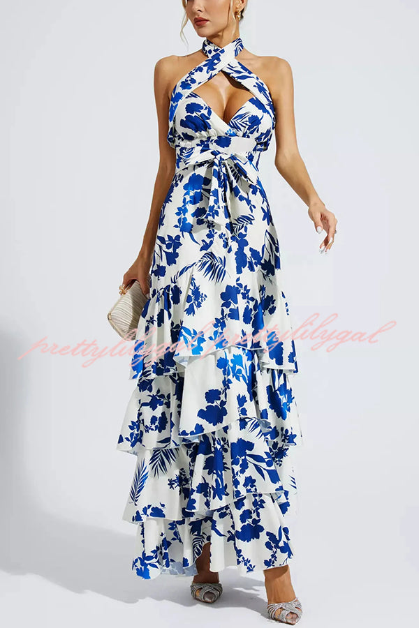 Gorgeous Styling Botanical Print Halter Neck Open Back Tiered Hem Maxi Dress