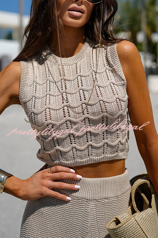 Solid Color Hollow Sleeveless Round Neck Knitted Vest and Stretch Casual Straight Pants Set