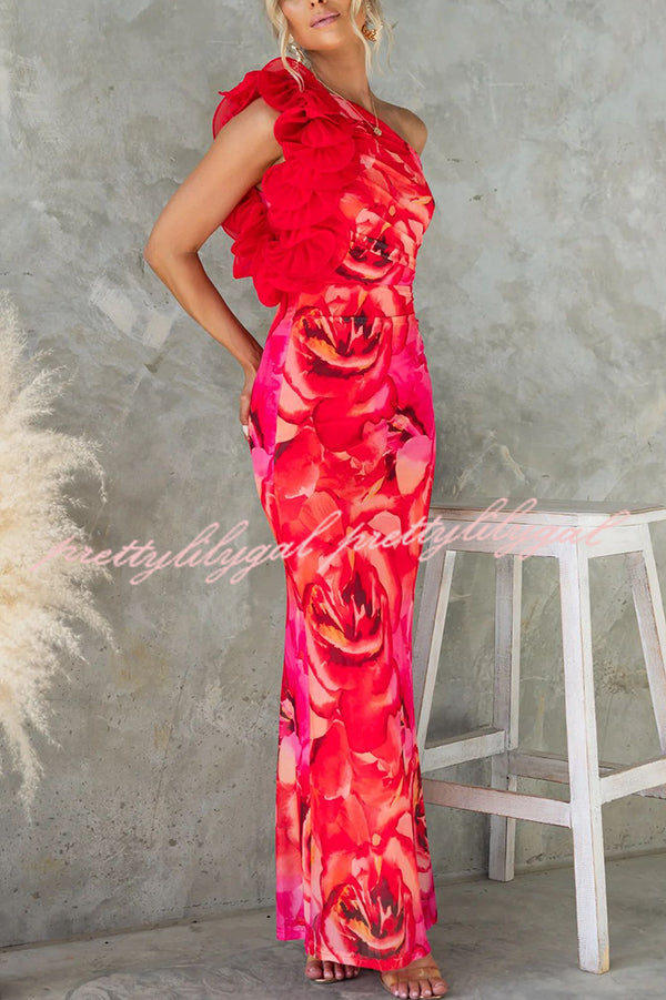 Floral Print Sleeveless 3D Flower One Shoulder Slim Maxi Dress