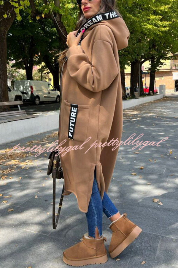 Fashionable and Casual Hooded Zipper Pocket Loose Long Coat