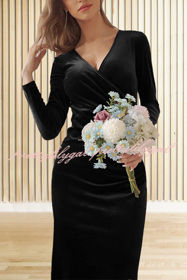 Solid Color Velvet Long Sleeve V-neck Slim Fit Fishtail Maxi Dress