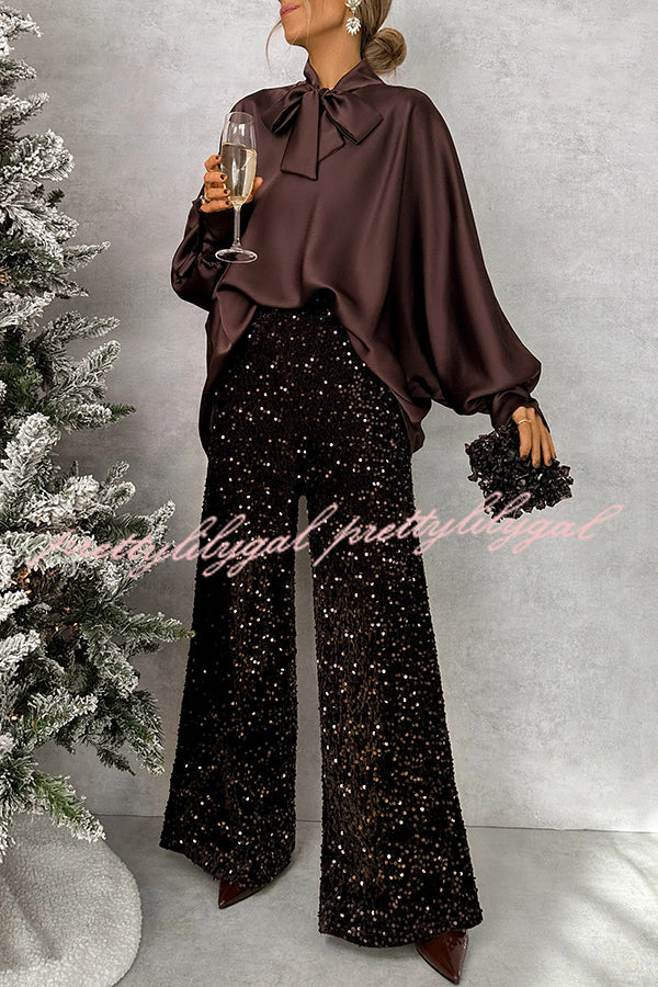 Chic and Merry Satin Bow Neck Batwing Sleeve Loose-fitting Blouse