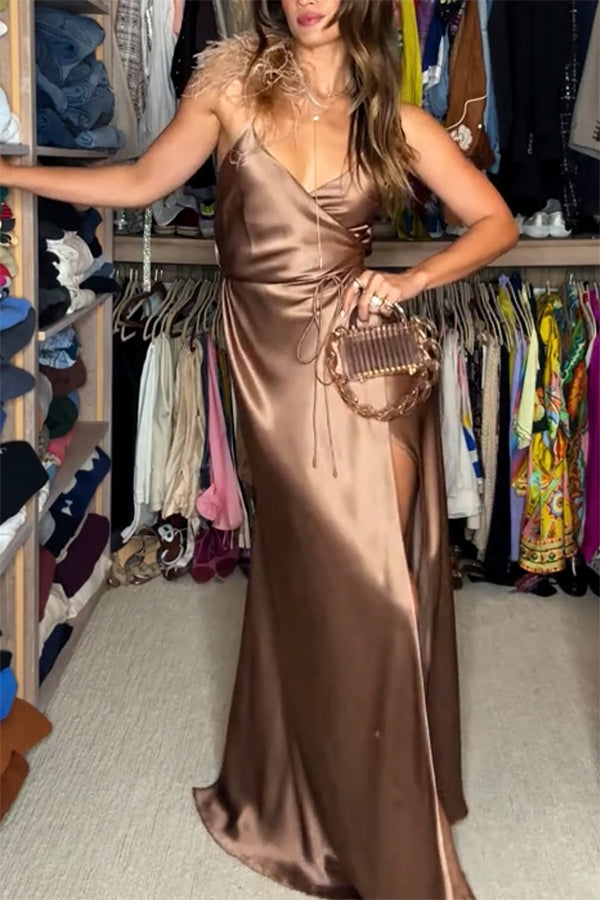 Celebration Night Satin Feather Trim Wrap Tie-up Slit Gown Maxi Dress prettylilygal Celebration Night Satin Feather Trim Wrap Tie-up Slit Gown Maxi Dress prettylilygal