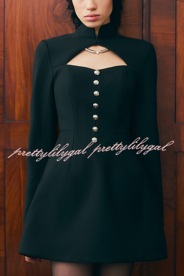 Elegant Long-sleeved Hollowed-out Button-down Slim-fit Mini Dress