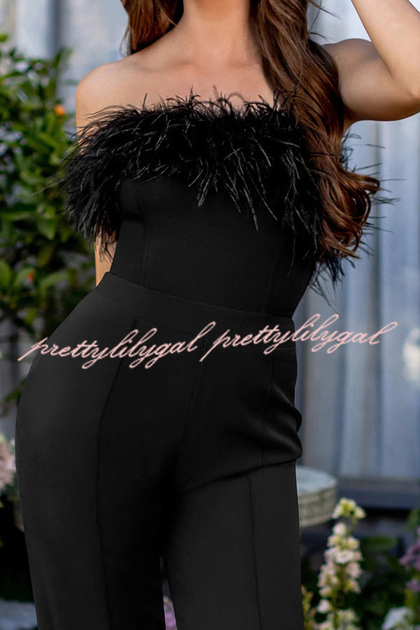 First Class High Rise Feather Stretch Waist Jumpsuit