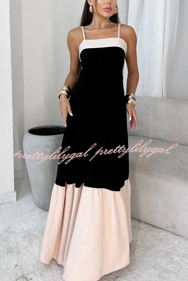 Fashionable Contrast Color Stitching Sling Maxi Dress